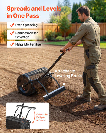 Compost Spreader, 24" Wide Peat Moss Spreader with Push/Tow Handle & Brush, 4 Heights Adjustable, Powder-Coated Steel Garden Peat Moss Roller, Heavy Duty Grass Seed Roller for Planting Seeding