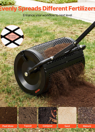 Compost Spreader, 16.5" Wide Peat Moss Spreader with T Shaped Handle, 3 Heights Adjustable, Powder-Coated Steel Garden Peat Moss Roller, Heavy Duty Grass Seed Roller for Planting Seeding, Black