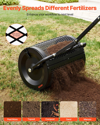 Compost Spreader, 16.5" Wide Peat Moss Spreader with T Shaped Handle, 3 Heights Adjustable, Powder-Coated Steel Garden Peat Moss Roller, Heavy Duty Grass Seed Roller for Planting Seeding, Black