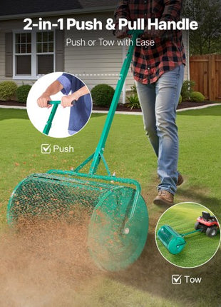 Compost Spreader, 24 in Wide Peat Moss Spreader with Push/Tow Handle, 4 Heights Adjustable, Powder-Coated Steel Garden Peat Moss Roller, Heavy Duty Grass Seed Spreaders for Planting Seeding