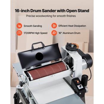 16" Drum Sander with Stand & Extension Tables, 1.5HP 1720RPM Dual Motor Drum Sander for Woodworking - Variable Speed Conveyor Belt, 4" Dust Collection Port for Cabinet & Furniture Finishing