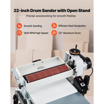 22" Drum Sander with Stand & Extension Tables, 1.75HP 1440RPM Dual Motor Drum Sander for Woodworking - Variable Speed Conveyor Belt, 4" Dust Collection Port for Cabinet & Furniture Finishing