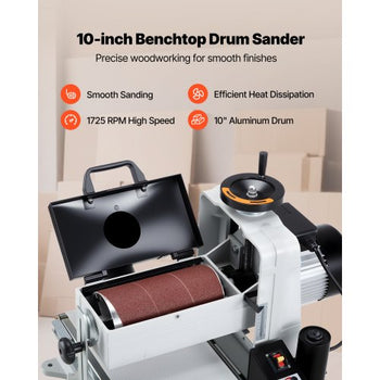 10" Benchtop Drum Sander, 1HP 1725RPM Dual Motor Drum Sander for Woodworking - Variable Speed Conveyor Belt & 4" Dust Collection Port for Cabinet Making & Furniture Finishing