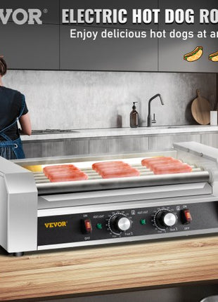 Hot Dog Roller, 12 Hot Dog Capacity 5 Rollers, 750W Stainless Steel Cook Warmer Machine with Dual Temp Control, LED Light and Detachable Drip Tray, Sausage Grill Cooker for Kitchen Restaurant