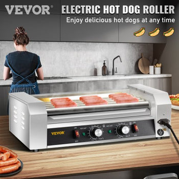 Hot Dog Roller, 12 Hot Dog Capacity 5 Rollers, 750W Stainless Steel Cook Warmer Machine with Dual Temp Control, LED Light and Detachable Drip Tray, Sausage Grill Cooker for Kitchen Restaurant