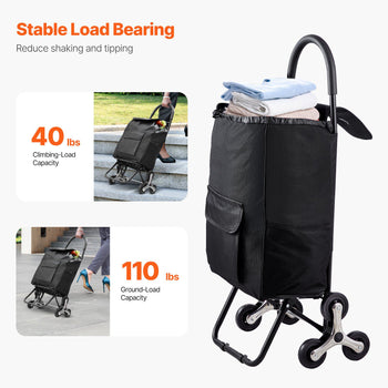 Stair Climber Trolley Dolly, 36L Folding Shopping Cart, Grocery Cart Trolley Laundry Stair Climbing Handcart with 6 Wheels & Oxford Cloth Bag, Foldable Cart for Shopping Grocery Laundry, Black