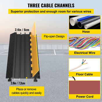 Rubber Cable Guard, 3-Channel, 2 x 2.3 in - Durable Cord Protection Ramp for Driveways, 6600 lbs Capacity