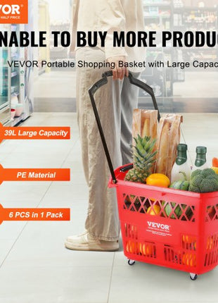 Shopping Baskets, 6PCS, 39L Shopping Carts with Handles, Plastic Rolling Shopping Basket with Wheels, Large Portable Shopping Basket Set for Supermarkets, Retail Stores, Grocery Shopping, Red