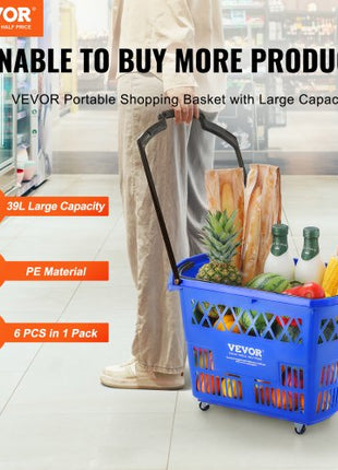 Shopping Baskets, 6PCS, 39L Shopping Carts with Handles, Plastic Rolling Shopping Basket with Wheels, Large Portable Shopping Basket Set for Supermarkets, Retail Stores, Grocery Shopping, Blue