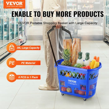 Shopping Baskets, 6PCS, 39L Shopping Carts with Handles, Plastic Rolling Shopping Basket with Wheels, Large Portable Shopping Basket Set for Supermarkets, Retail Stores, Grocery Shopping, Blue