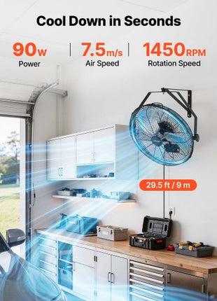 Wall Mount Fan, 18 in Wall Mounted Hanging Fan with IP44-rated Protection, 3-Speed, Long Airflow Distance, Adjustable Rotation Angle, Powerful for Industry, Commercial, Garage, Workshop, 2 Pack