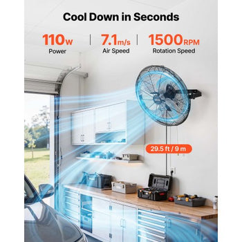 Wall Mount Fan, 18 in Wall Mounted Hanging Fan, 3-Speed, Long Airflow Distance, Adjustable Rotation Angle, Mechanical Control, Powerful for Industry, Commercial, Garage, Workshop, Gym, 2 Pack