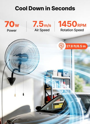 Wall Mount Fan, 20 in Wall Mounted Hanging Fan Oscillating, 3-Speed, Long Airflow Distance, Adjustable Rotation Angle, Mechanical Powerful for Industry, Commercial, Garage, Workshop, Gym, Black