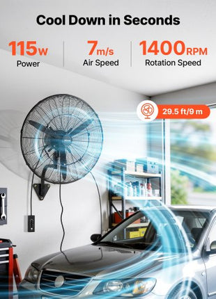 Wall Mount Fan, 24 in Wall Mounted Hanging Fan with Oscillating & Mist, IP44-rated, 3-Speed, Powerful Air Reach, Mechanical Control, Long Airflow for Industry, Commercial, Garage, Workshop