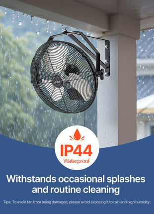 14 Inch Industrial Wall Mount Fan, High Velocity 2473 CFM Outdoor Fan with 3 Speeds, Waterproof IP44 Garage Wall Fan with Aluminum Blades for Workshop, Warehouse, Greenhouse