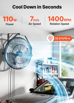Wall Mount Fan, 20 in Wall Mounted Hanging Fan with Mist, IP44-rated Protection, 3-Speed, Long Airflow Distance, Adjustable Rotation Angle, Powerful for Industry, Commercial, Garage, Workshop