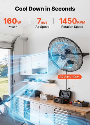 Wall Mount Fan, 24 in Wall Mounted Hanging Fan, 3-Speed, Long Airflow Distance, Adjustable Rotation Angle, Mechanical Control, Powerful for Industry, Commercial, Garage, Workshop, Gym, Black