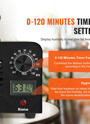 Black air purifier with timer dial, digital humidity display, and retro design, ideal for fresh indoor air.