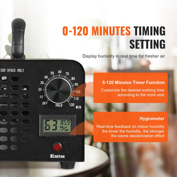 Black air purifier with timer dial, digital humidity display, and retro design, ideal for fresh indoor air.