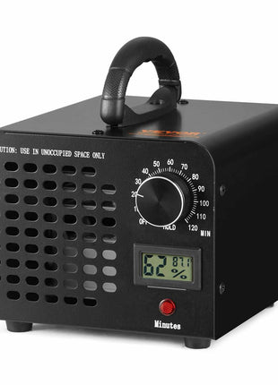 Black ozone generator with a digital timer and display, designed for odor removal in unoccupied spaces.