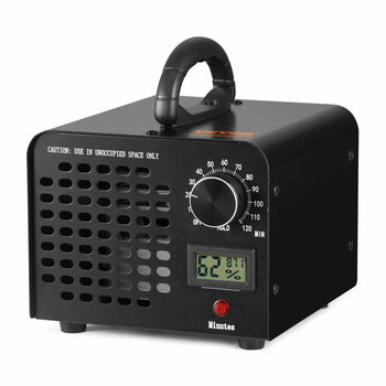 Black ozone generator with a digital timer and display, designed for odor removal in unoccupied spaces.
