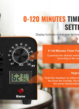Black and orange ozone generator with timer, displaying humidity, for air purification in home spaces.