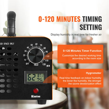 Black and orange ozone generator with timer, displaying humidity, for air purification in home spaces.