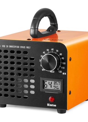 Orange and black portable ozone generator with timer and digital display, designed for unoccupied space use.