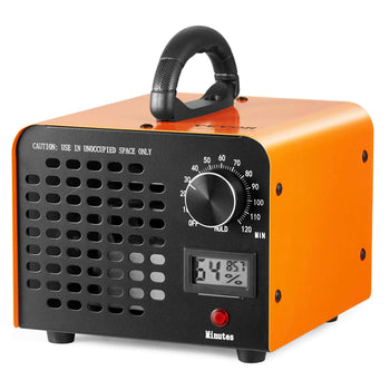 Orange and black portable ozone generator with timer and digital display, designed for unoccupied space use.