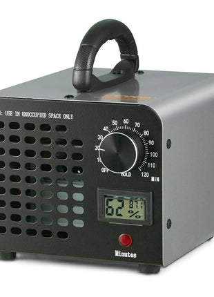 Silver portable ozone generator with a digital display, adjustable timer, and handle for easy transport.