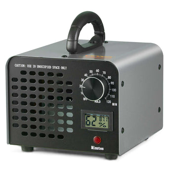Silver portable ozone generator with a digital display, adjustable timer, and handle for easy transport.