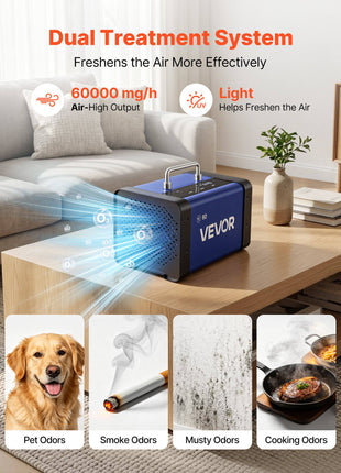 Ozone Generator, 60000mg/h Commercial Ozone Machine, with 15s Delayed Start & Dual-Hose Water Mode & LCD Touchscreen, Industrial Deodorizer for Car, Smoke, Home Odors, Up to 4800 sq.ft