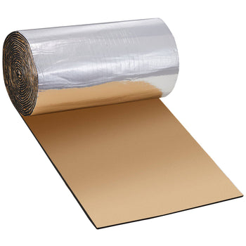 Gold and silver reflective insulation roll, designed for energy efficiency, featuring a durable foam backing.