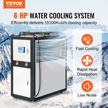 Industrial Water Chiller, 6HP 16 Gal Air-Cooled Industrial Water Chiller, 15,100 Kcal/h Cooling Capacity with Finned Condenser Micro-Computer Control 60L Water Tank, for Cooling Water