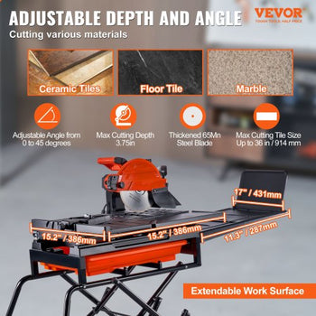 Wet Tile Saw with Stand, 10-inch 65Mn Steel Blade, 4500 RPM Motor, Tile Cutter Wet Saw with Water Reservoir and Casters, 0-45 Degrees Miter Angle for Cutting Tiles, Floor Tiles, and Stones