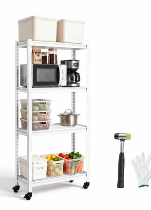 Storage Shelves, 4-Tier Garage Shelving with Wheels 30 x 12 x 63 in, for Garage, Basement, Warehouse, Kitchen, 800 lbs Static Load, Heavy-Duty Metal Unit, Adjustable Racks, with Gloves, White