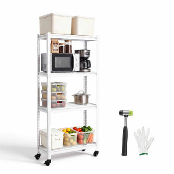 Storage Shelves, 4-Tier Garage Shelving with Wheels 30 x 12 x 63 in, for Garage, Basement, Warehouse, Kitchen, 800 lbs Static Load, Heavy-Duty Metal Unit, Adjustable Racks, with Gloves, White