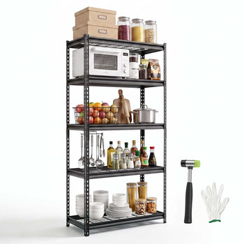 Storage Shelves, 5-Tier 2000 lbs Garage Shelving 36 x 16 x 71.4 in, for Garage, Basement, Warehouse, Kitchen, Heavy-Duty Metal Stable Construction, Adjustable Wire Racks, with Gloves, Black