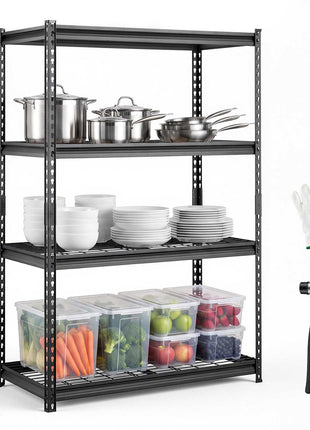 Storage Shelves, 4-Tier 2400 lbs Garage Shelving 40 x 20 x 60 in, for Garage, Basement, Warehouse, Kitchen, Heavy-Duty Metal Stable Construction, Adjustable Wire Racks, with Gloves, Black