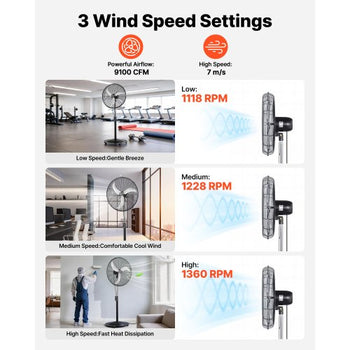 30-Inch High Velocity Pedestal Fan, 9100 CFM Industrial Standing Floor Fan with 85° Oscillating, 3-Speed Adjustable Height, IP44 Waterproof, Carbon Steel for Commercial, Garage, Workshop, Black