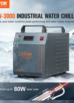 Industrial Water Chiller, CW-3000, 80W Air-Cooled Industrial Water Cooler Cooling System with 12 L Water Tank Capacity 12 L/min Maximum Flow Rate, for Laser Engraving Machine Cooling Machine