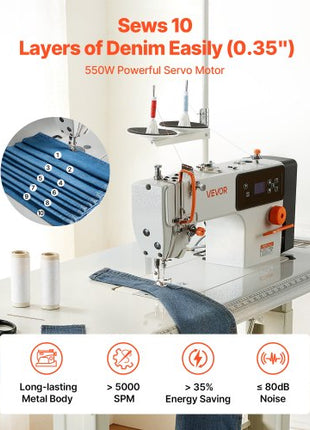 Industrial Sewing Machine, 550W Lockstitch Sewing Machine Set with Servo Motor and Table Stand, Auto Thread Trimmer, 5000 SPM High Speed, Metal Frame, LCD Panel, LED Light, for Cotton, Denim