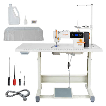 Industrial Sewing Machine, 550W Lockstitch Sewing Machine Set with Servo Motor and Table Stand, Auto Thread Trimmer, 5000 SPM High Speed, Metal Frame, LCD Panel, LED Light, for Cotton, Denim, The Table Stand and the machine head Are Shipped Separ...