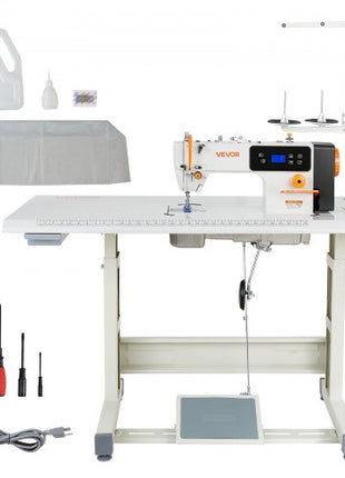 Industrial Sewing Machine, 550W Lockstitch Sewing Machine Set with Servo Motor and Table Stand, 5000 SPM High Speed, Metal Frame, LCD Panel, LED Light, for Cotton, Wool, Denim, Leather, Canvas