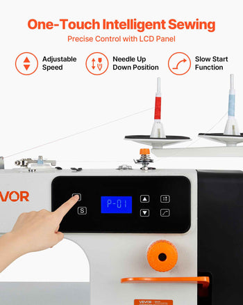 Industrial Sewing Machine, 550W Lockstitch Sewing Machine Set with Servo Motor and Table Stand, 5000 SPM High Speed, Metal Frame, LCD Panel, LED Light, for Cotton, Wool, Denim, Leather, Canvas，The Table Stand and The Machine Head Are Shipped Sepa...