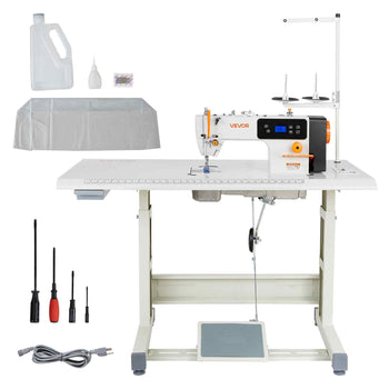 Industrial Sewing Machine, 550W Lockstitch Sewing Machine Set with Servo Motor and Table Stand, 5000 SPM High Speed, Metal Frame, LCD Panel, LED Light, for Cotton, Wool, Denim, Leather, Canvas，The Table Stand and The Machine Head Are Shipped Sepa...