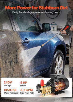 Electric Pressure Washer Pump Kit, 1950 PSI, 3.2 GPM, Triplex Power Washer Pump with 5 HP Motor 240 V, Adjustable Water Pressure, for Washing Cars, Gardens, Exterior Walls, Deck, Machinery Equipment
