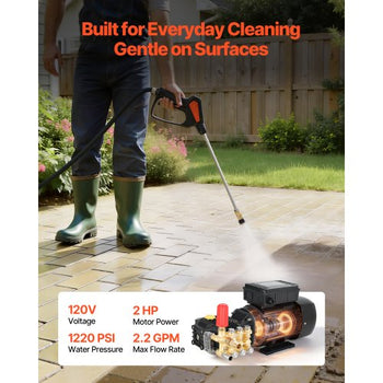 Electric Pressure Washer Pump Kit, 1220 PSI, 2.2 GPM, Triplex Power Washer Pump with 2 HP Motor 120 V, Includes Wall Mount Bracket, Spray Gun, Wand, Hose, 5 Nozzles, for Washing Cars, Gardens