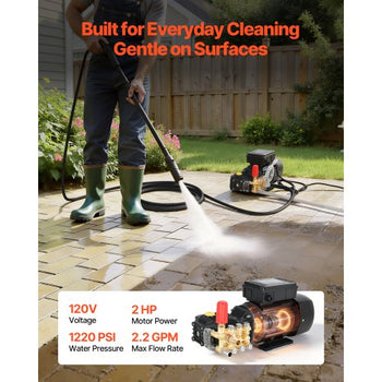 Electric Pressure Washer Pump Kit, 1220 PSI, 2.2 GPM, Triplex Power Washer Pump with 2 HP Motor 120 V, Adjustable Water Pressure, for Washing Cars, Gardens, Exterior Walls, Deck, Machinery Equipment