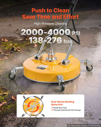 20 inch Pressure Washer Surface Cleaner, Raised Handle, ABS Yellow, Power Washer Attachment with Wheels for Concrete, Patio, Sidewalk, Deck, Driveway, Floor, 4000 Max PSI, 3/8 Quick Connector